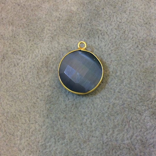 Gold Plated Faceted Synthetic Gray Cat's Eye (Manmade Glass) Round/Coin Shaped Bezel Pendant - Measuring 18mm x 18mm - Sold Individually