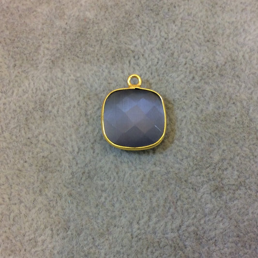 Gold Plated Faceted Synthetic Gray Cat's Eye (Manmade Glass) Square Shaped Bezel Pendant - Measuring 15mm x 15mm - Sold Individually