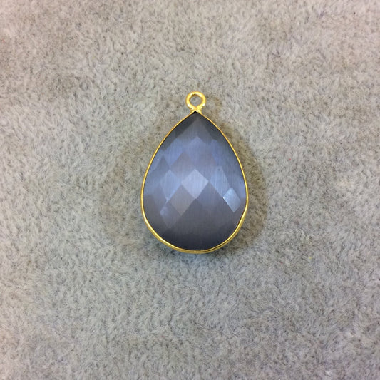 Gold Plated Faceted Synthetic Gray Cat's Eye (Manmade Glass) Pear/Teardrop Shaped Bezel Pendant - Measuring 18mm x 25mm - Sold Individually