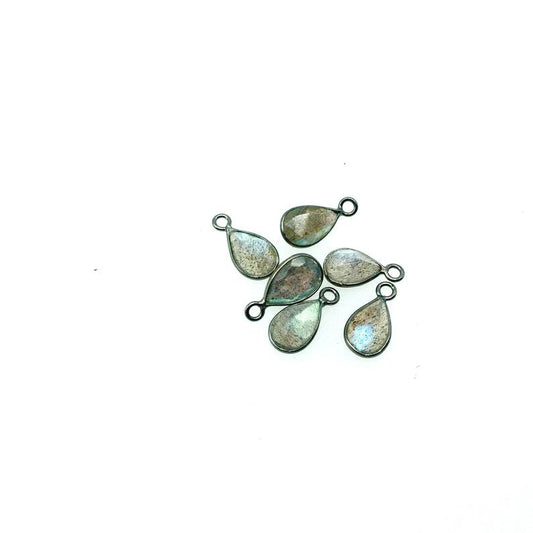 Labradorite Bezel | Gunmetal Sterling Silver Pointed/Cut Stone Faceted Teardrop Shaped Pendants- Meas 5mm x 8mm- BULK LOT - Pack of Six (6)