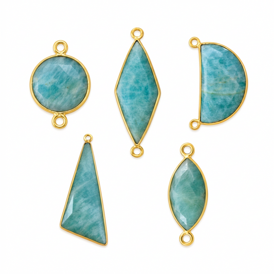 Five blue-green amazonite pendants and connectors in gold-plated bezels: round, diamond, half-moon, triangle and marquise.