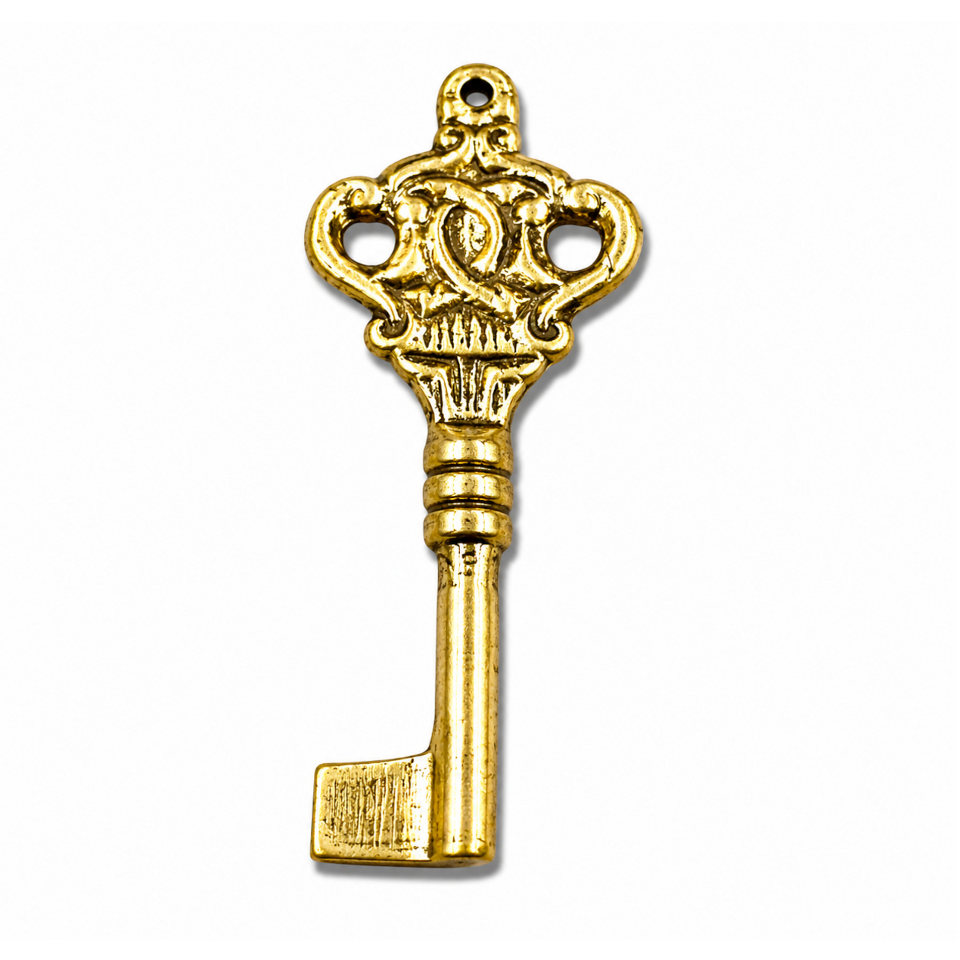 "Antique Gold skeleton key charm, brushed plated copper pendant, 32x85mm, for necklaces and jewelry making"