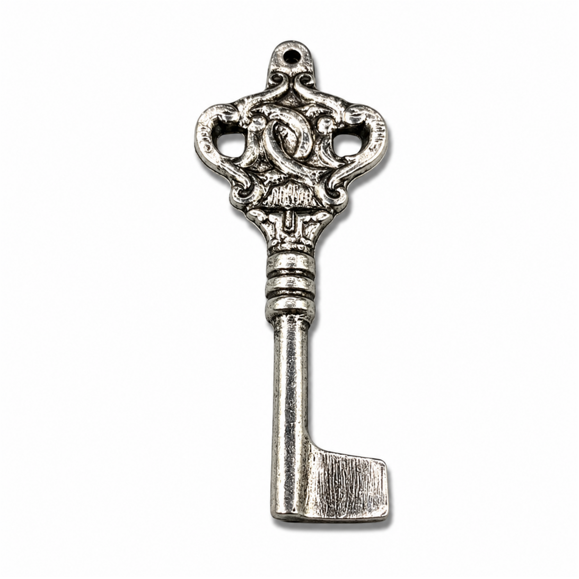 "Antique Silver skeleton key charm, brushed plated copper pendant, 32x85mm, for steampunk and boho jewelry"