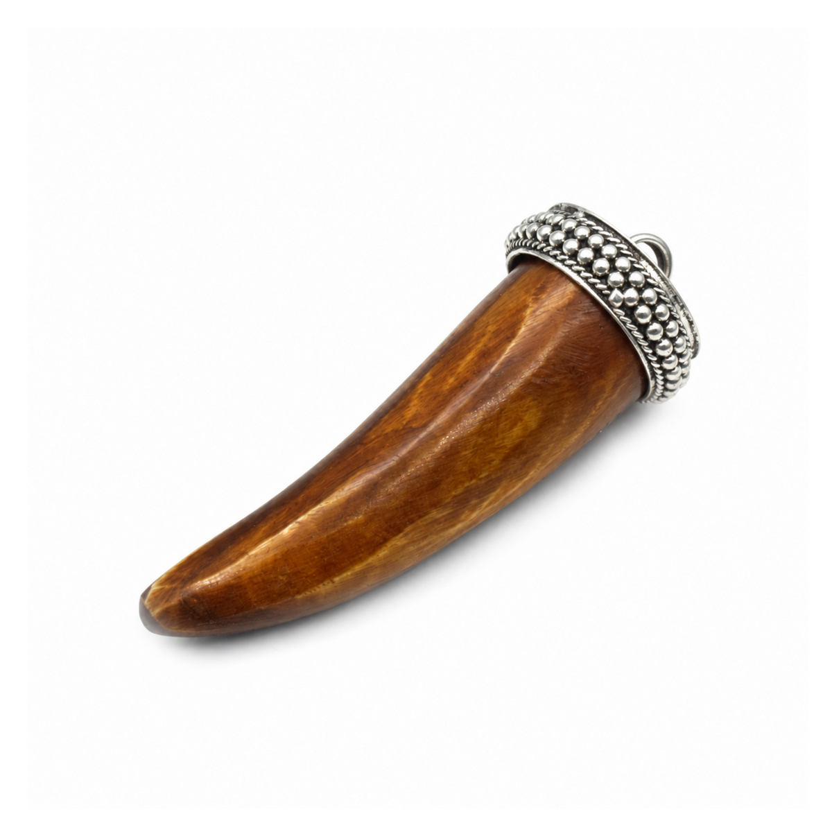 Brown ox bone tusk pendant with a silver dotted cap