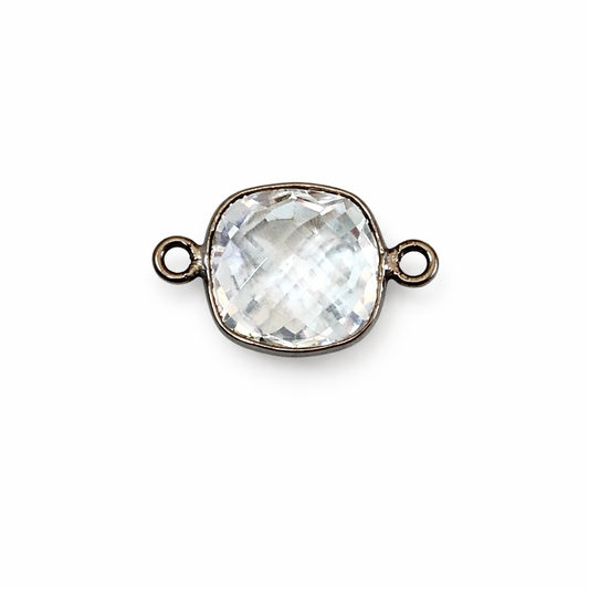 Gunmetal Plated Faceted Clear Hydro (Lab Created) Quartz Square Shaped Bezel Connector - Measuring 12mm x 12mm - Sold Individually