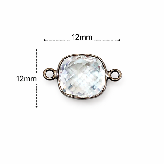 Gunmetal Plated Faceted Clear Hydro (Lab Created) Quartz Square Shaped Bezel Connector - Measuring 12mm x 12mm - Sold Individually