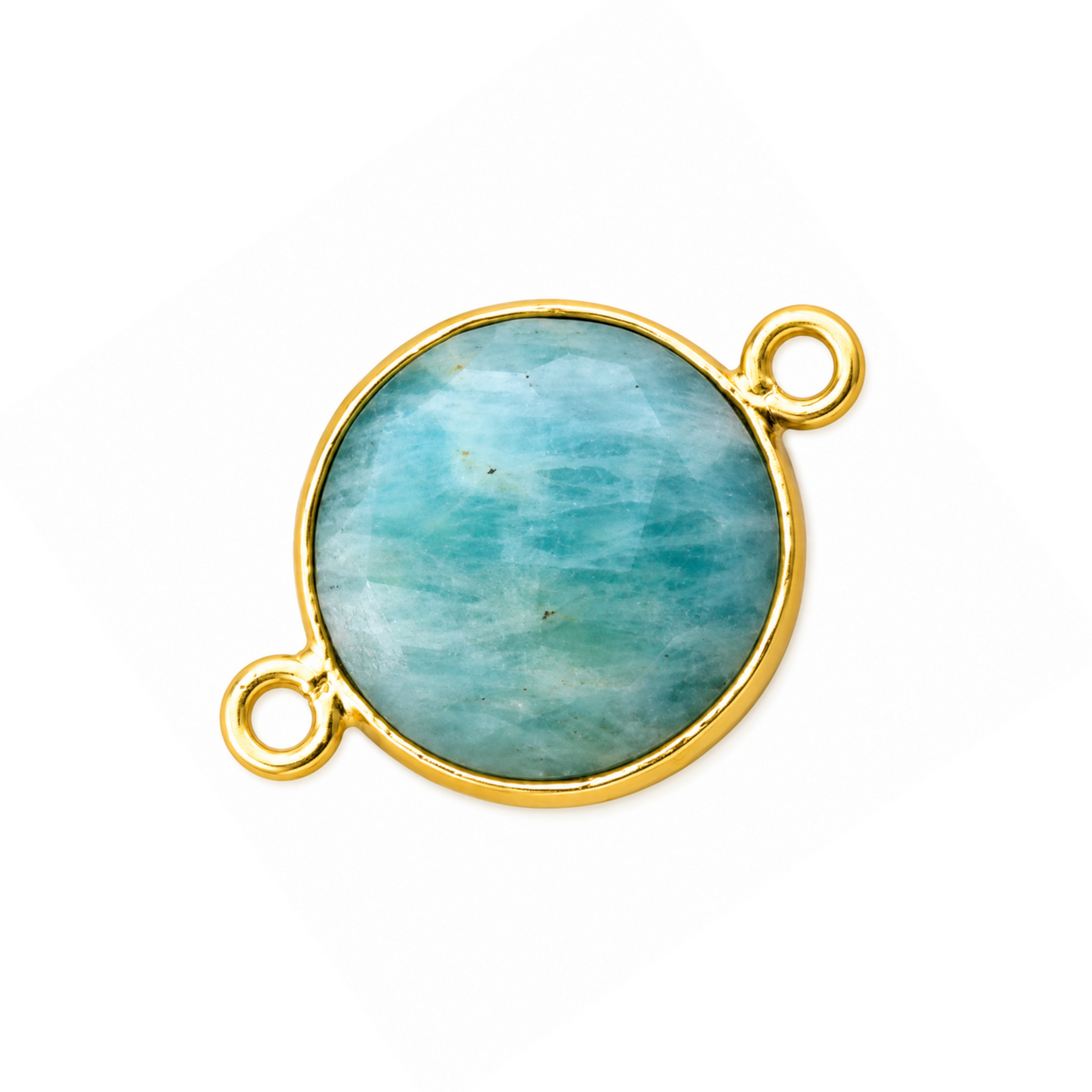Round blue-green amazonite connector with pale stone banding, a gold-plated bezel and two loops.