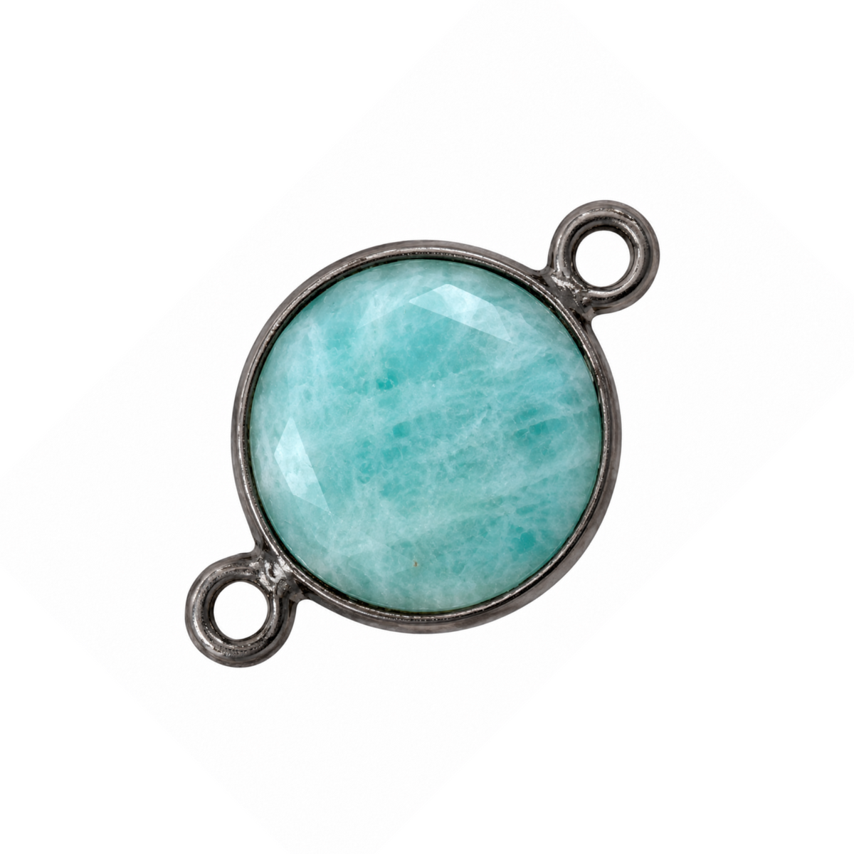 Natural amazonite coin connector, 14 x 14 mm, with a faceted aqua stone, gunmetal-plated bezel and two attachment loops.
