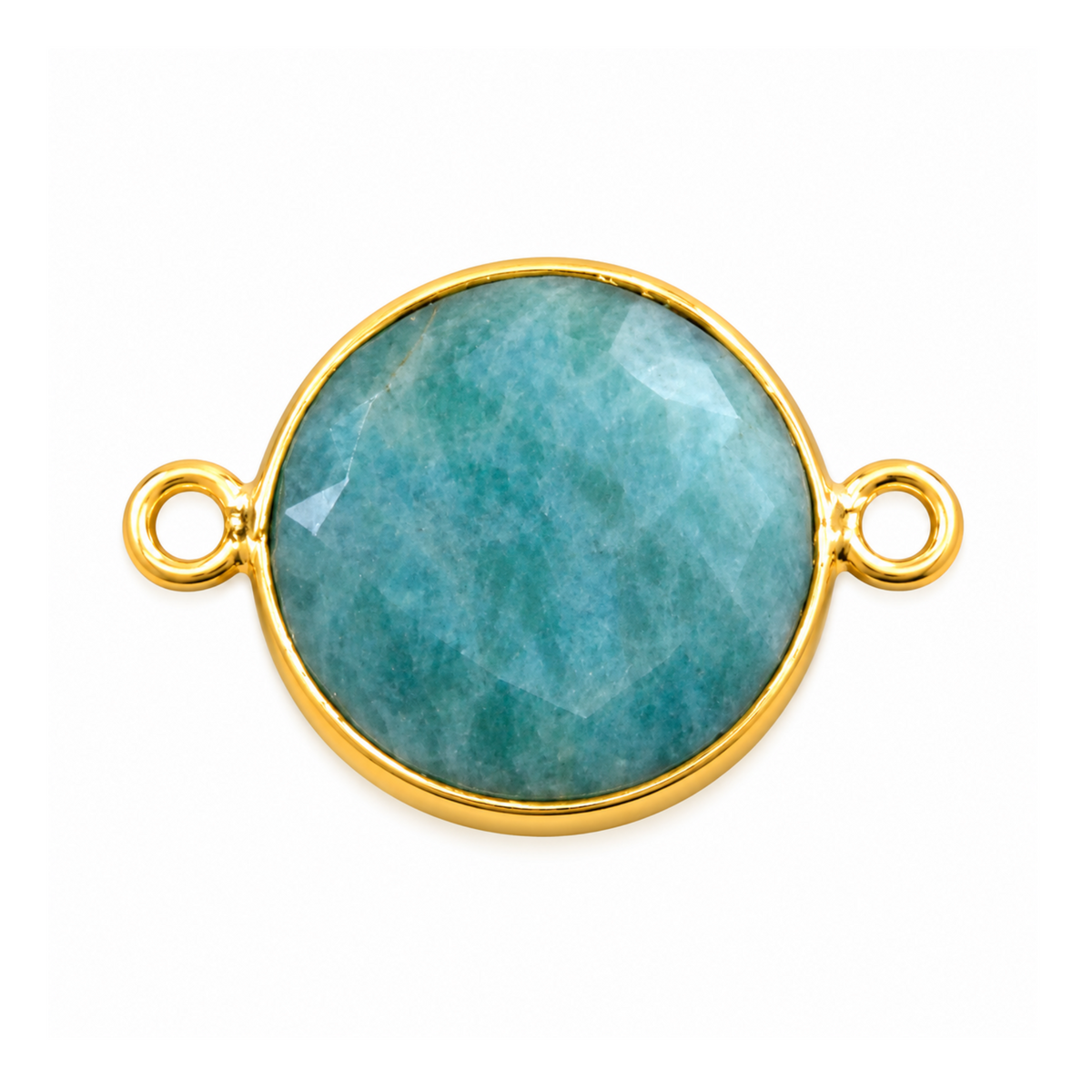 Faceted blue-green round amazonite connector with a gold-plated bezel and loops on opposite sides.
