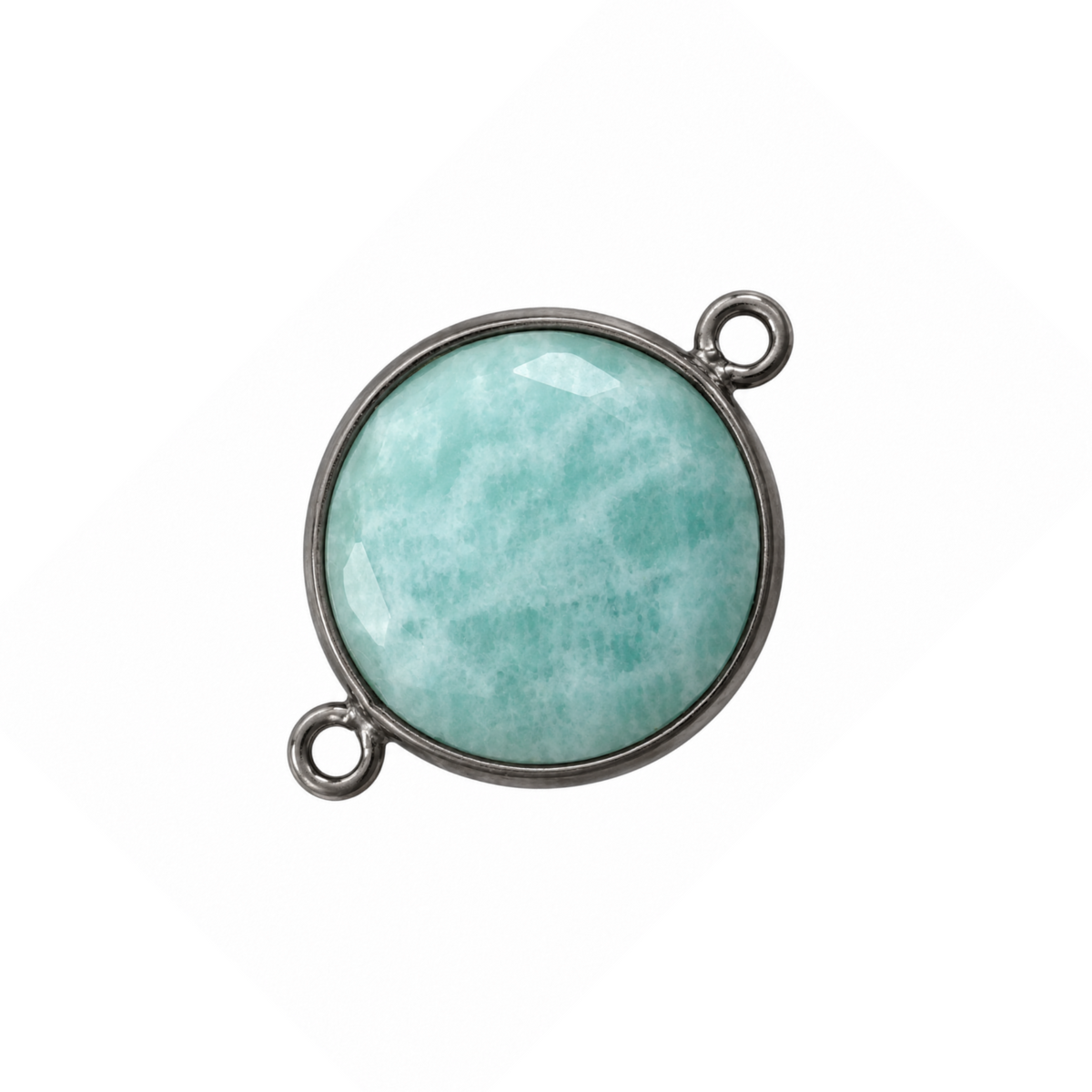 Natural amazonite coin connector, 18 x 18 mm, with aqua and white stone patterns, a gunmetal-plated bezel and two loops.
