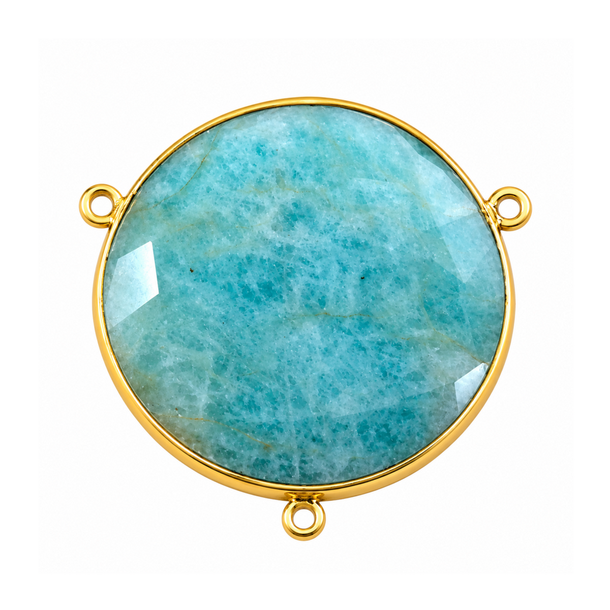Large faceted round amazonite connector in a gold-plated bezel with three attachment loops.