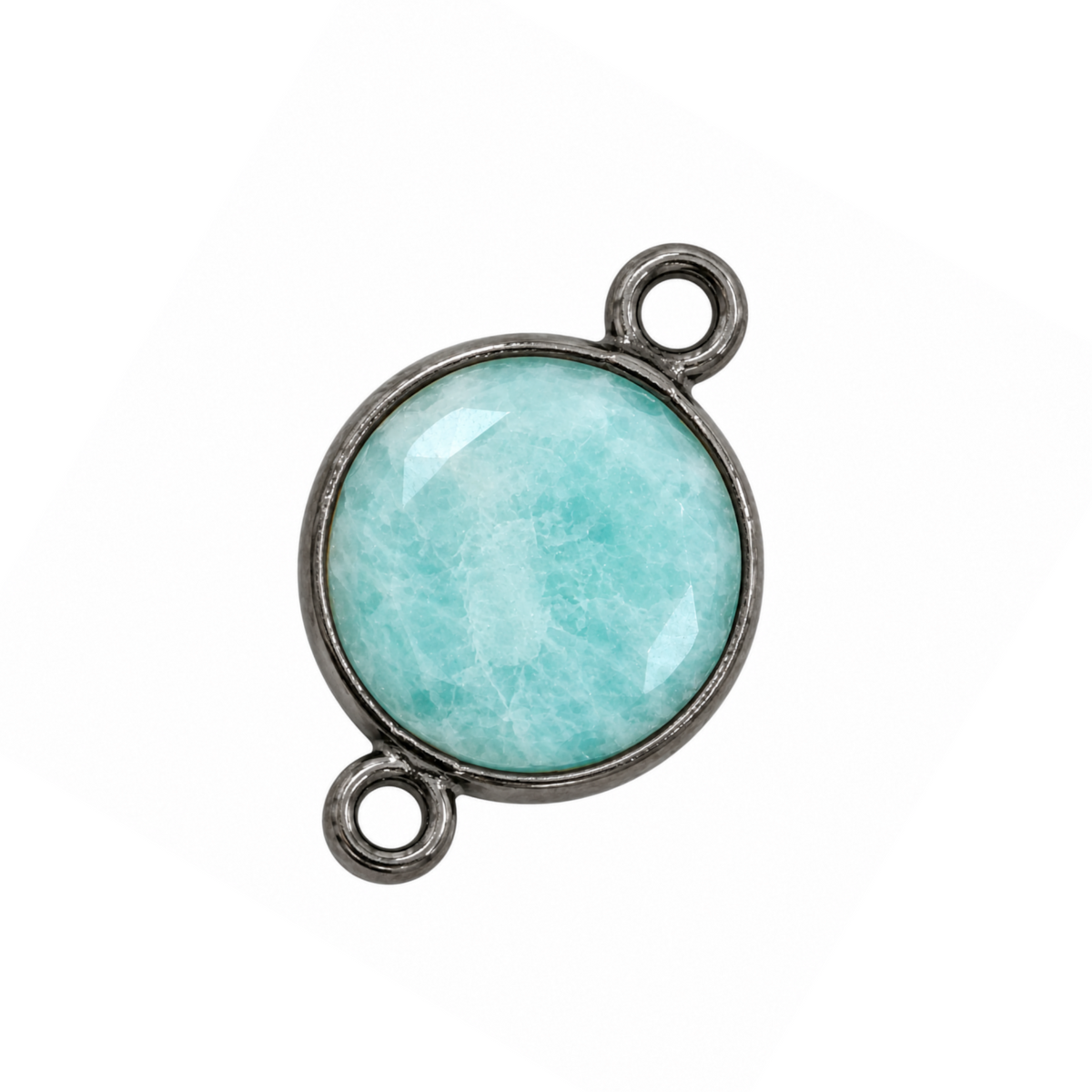 Natural amazonite coin connector, 8 x 8 mm, with an aqua-green stone, gunmetal-plated bezel and two attachment loops.
