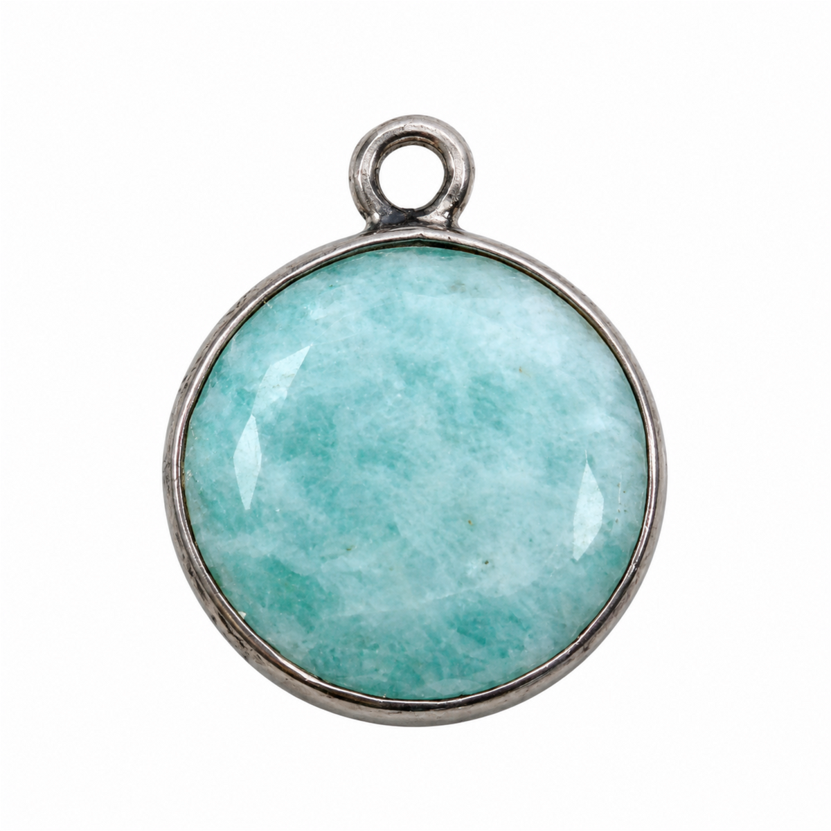 Natural amazonite coin pendant, 15 x 15 mm, with a faceted aqua-green stone and gunmetal-plated bezel.

