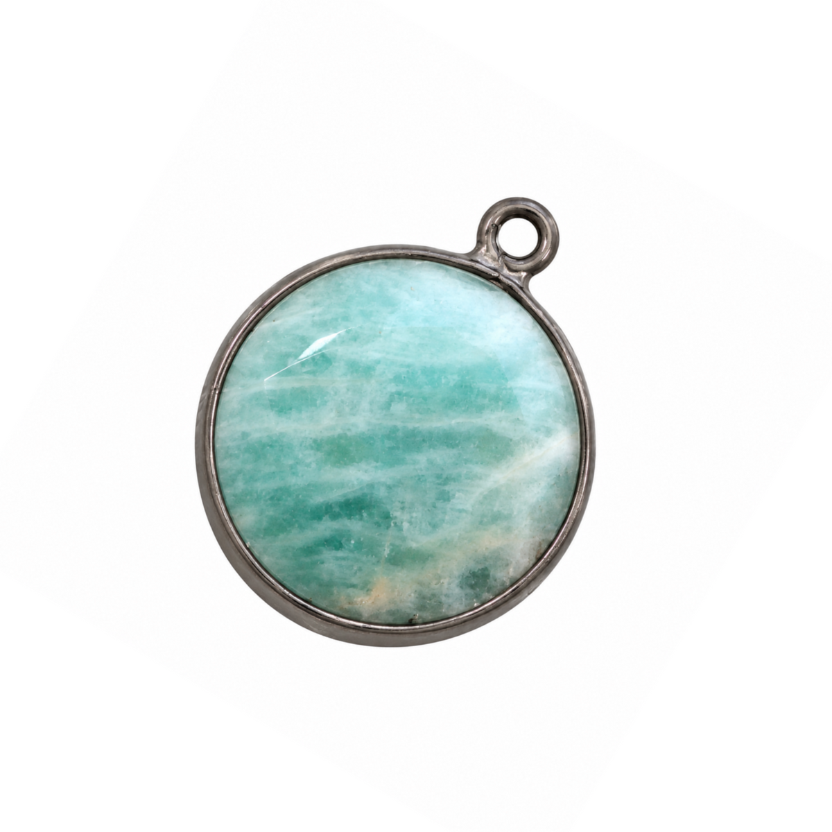 Natural amazonite coin pendant, 18 x 18 mm, with aqua-green and white banding in a gunmetal-plated bezel.
