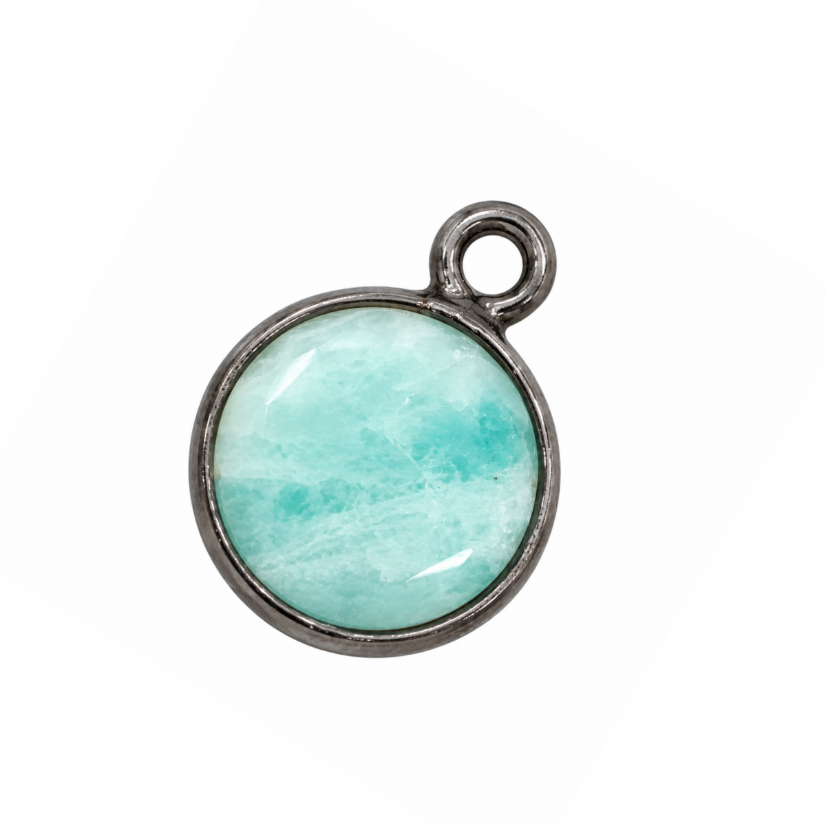 Natural amazonite coin pendant, 8 x 8 mm, with pale aqua and white stone patterns in a gunmetal-plated bezel.
