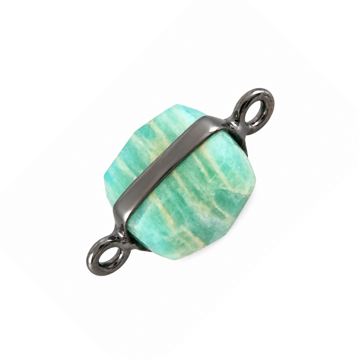 Natural amazonite cube connector, 8 x 8 mm, shown at an angle with aqua and cream banding, a gunmetal-plated band and two loops.
