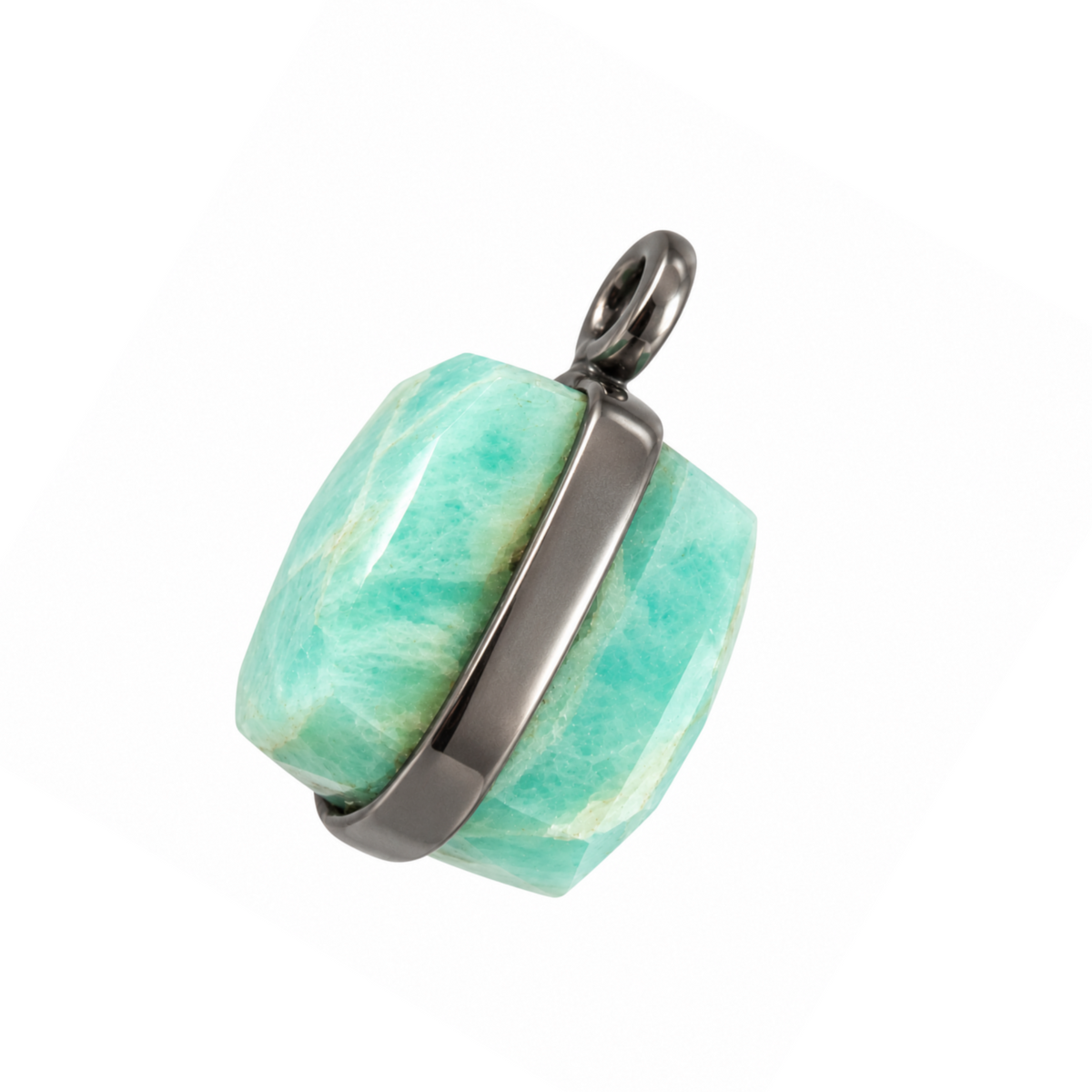 Natural amazonite cube pendant, 8 x 8 mm, shown at an angle with a gunmetal-plated band and single attachment loop.
