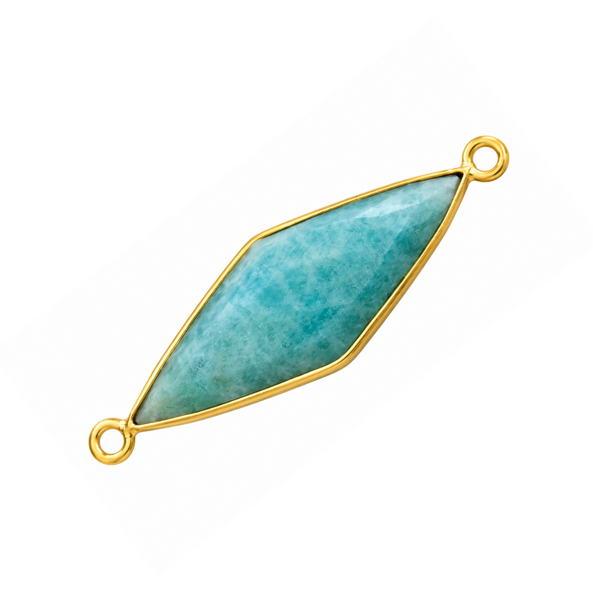 Elongated diamond-shaped amazonite connector with a gold-plated bezel and a loop at each pointed end.