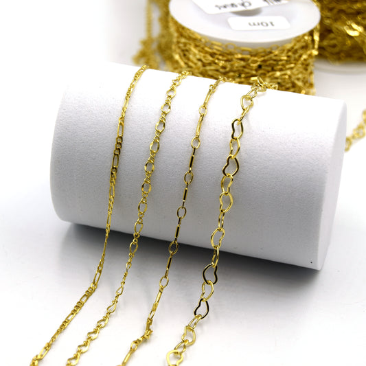 A picture of various styles of gold plated chain that is used for jewelry making. This chain is sold by the foot.