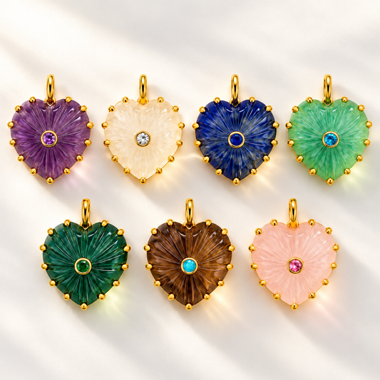 Carved Gemstone Heart Pendants with Faceted Center Stones – Gold Tone