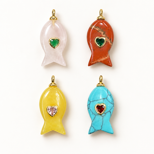 Gemstone Fish Charms with Heart-Shaped CZ Accents – Gold Tone