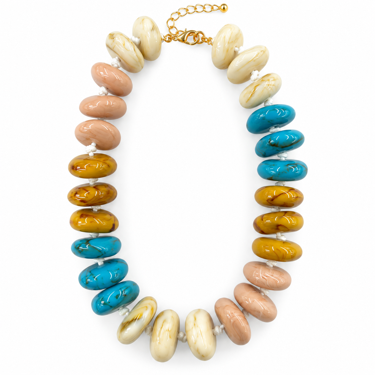 A beaded statement necklace featuring alternating rows of polished turquoise blue, golden yellow, and light peach stone beads, finished with a gold clasp on a white background.