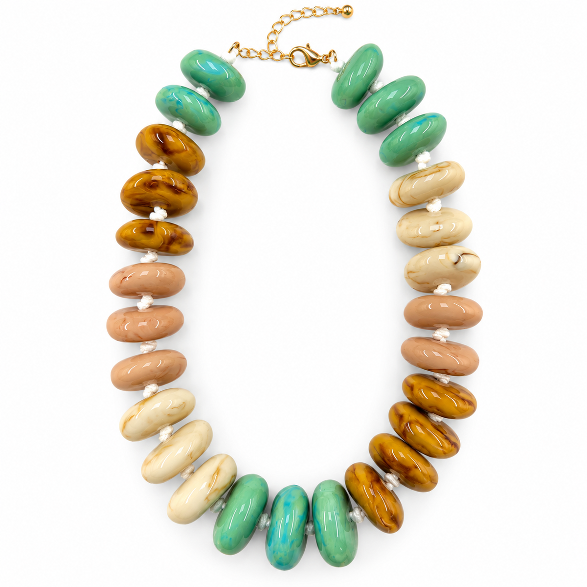 A beaded statement necklace featuring alternating rows of polished turquoise green, brown tiger's eye, and cream-colored stones, completed with a gold chain clasp on a white background.