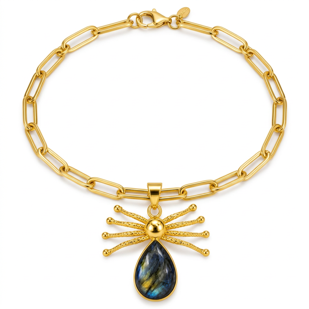 A gold paperclip chain bracelet with a spider pendant featuring a teardrop-shaped iridescent blue and green labradorite stone, shown on a white background.