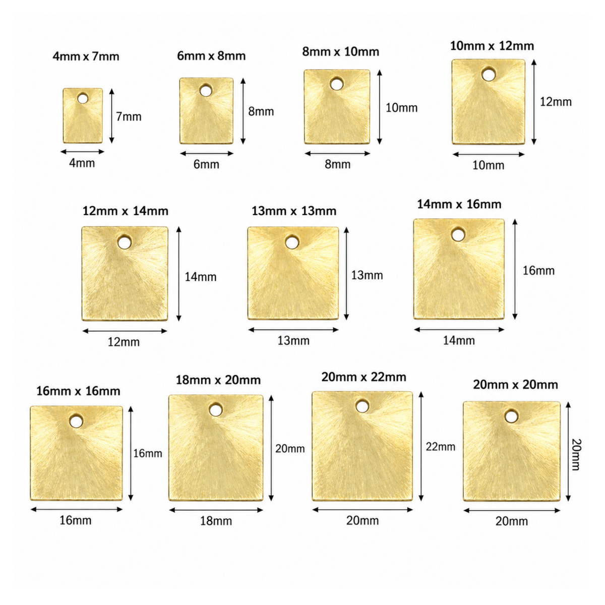 Gold-finish square jewelry components shown with measurements