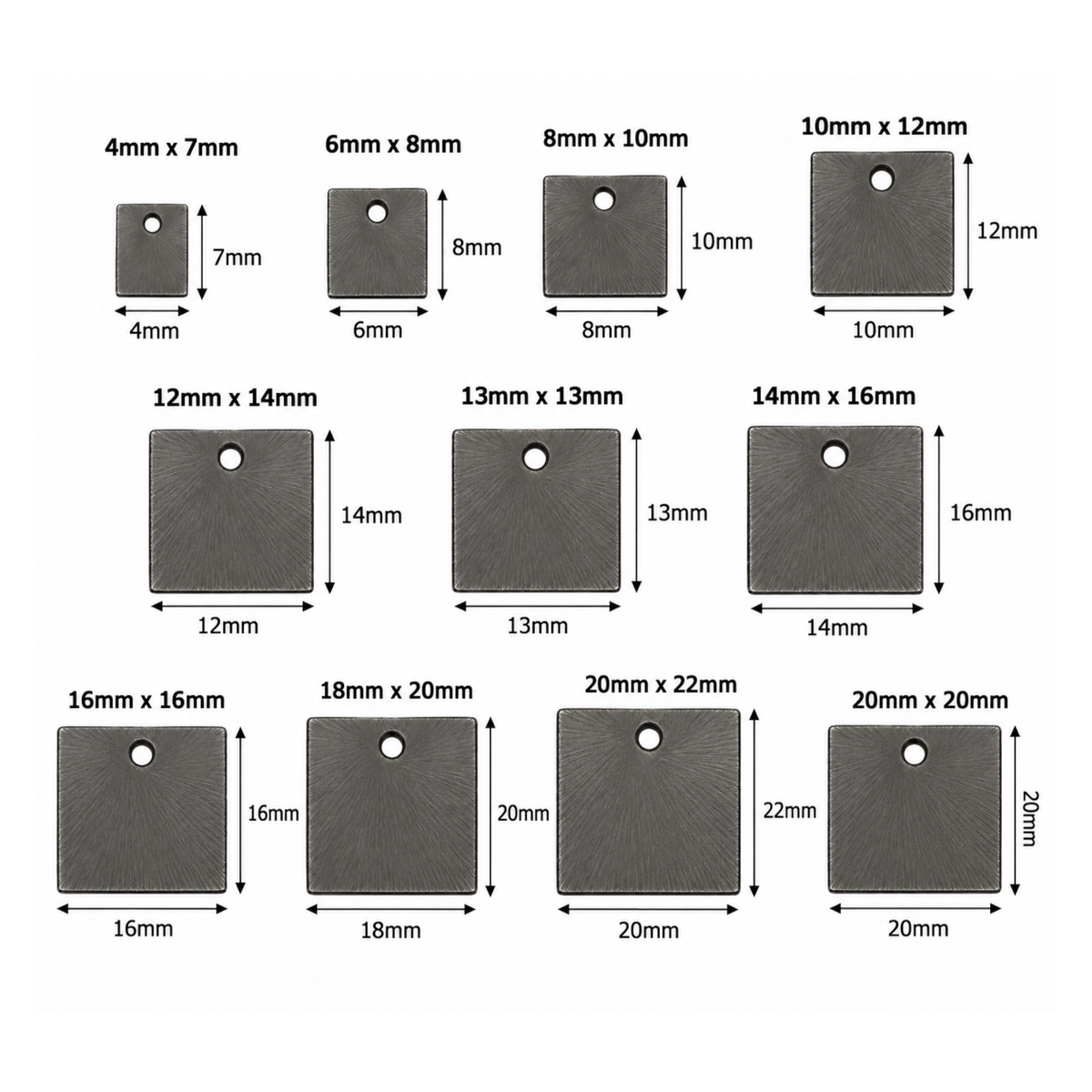 Gunmetal-finish square jewelry components shown with measurements