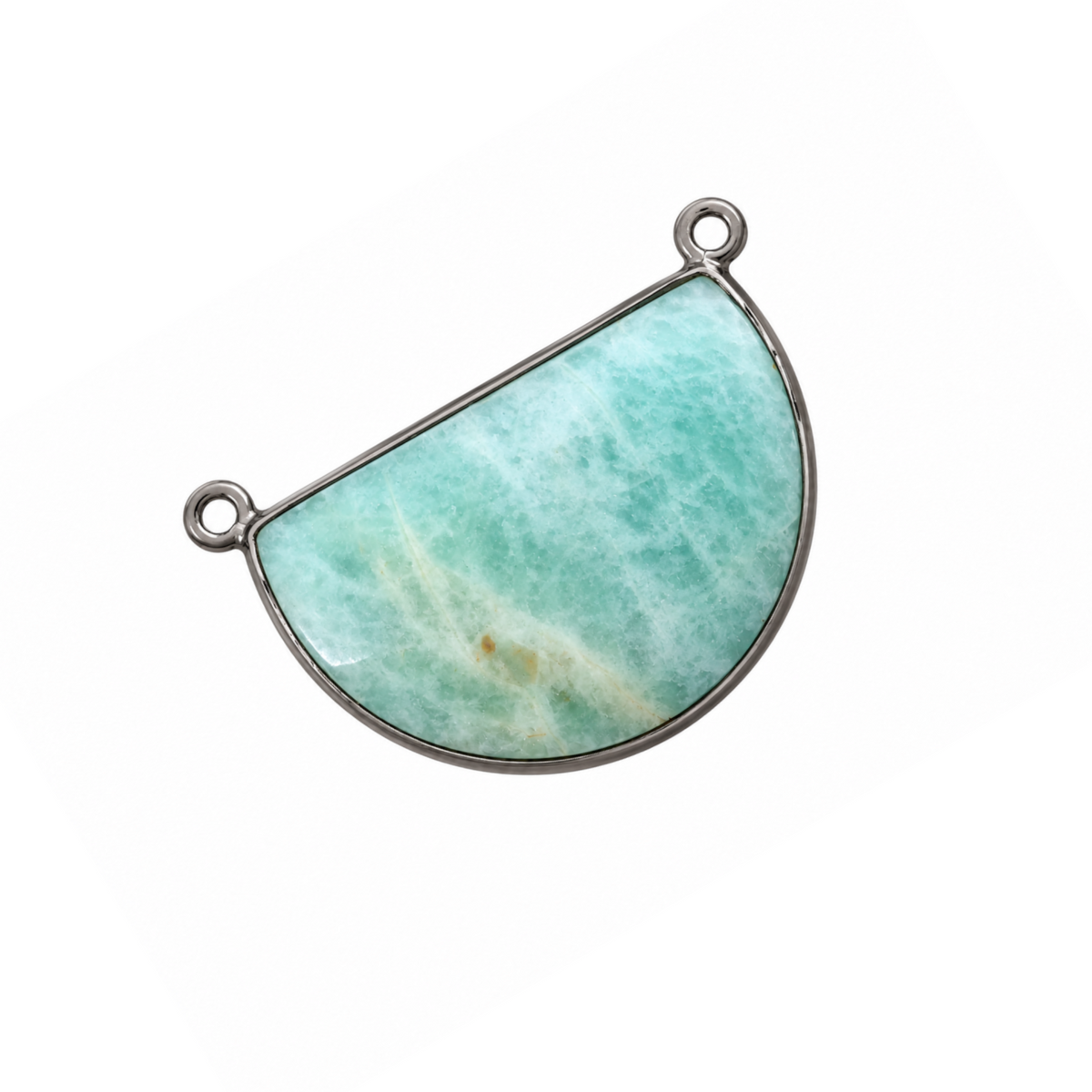 Natural amazonite half moon connector, 30 x 20 mm, with an aqua-green stone, gunmetal-plated bezel and two attachment loops.
