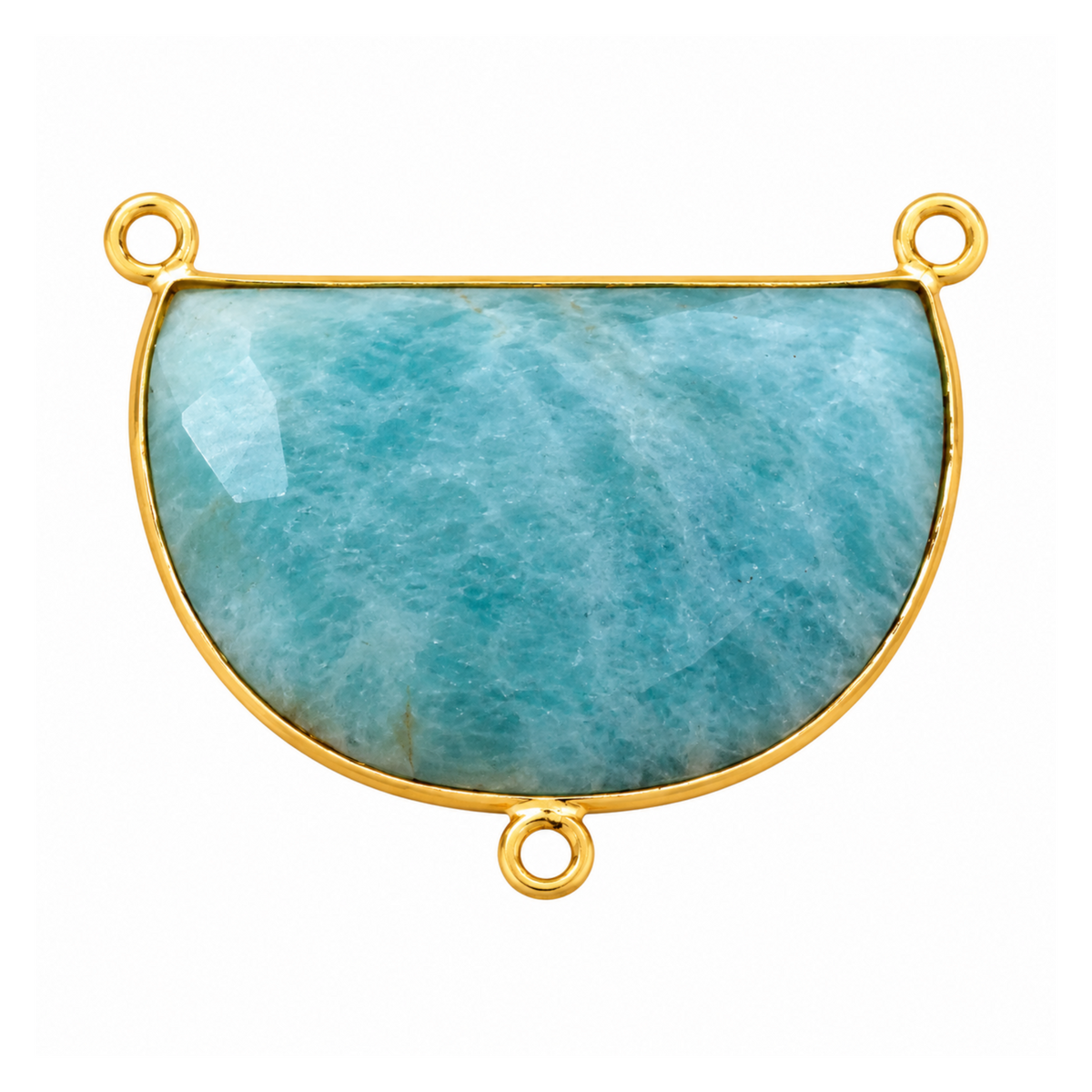 Faceted half-moon amazonite connector in a gold-plated bezel with two upper loops and one lower loop