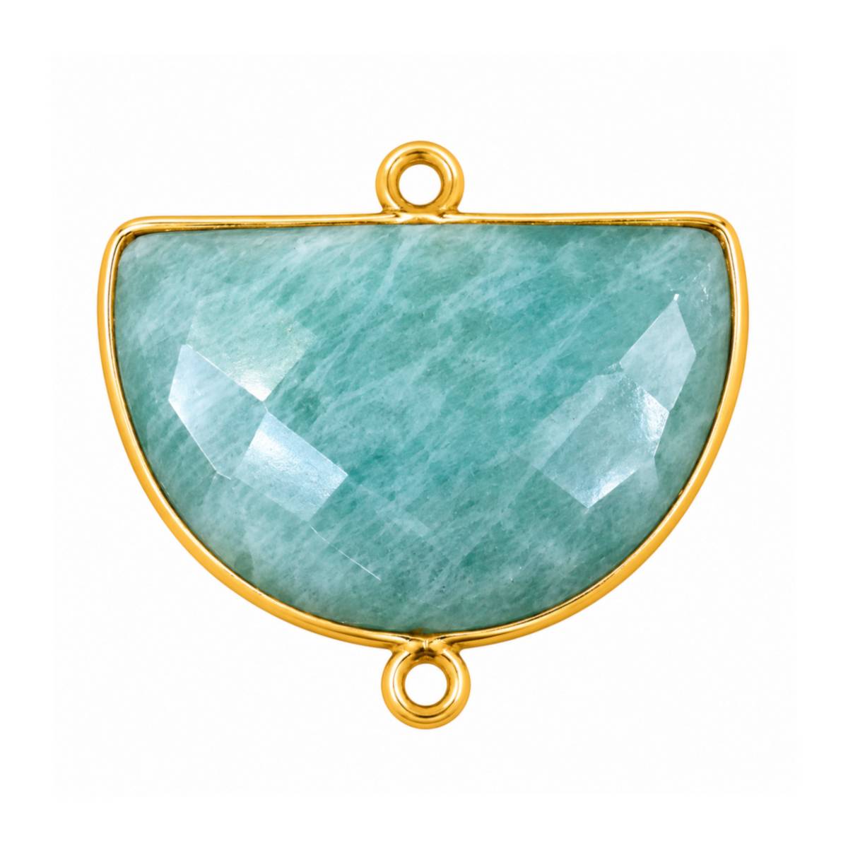 Faceted half-moon amazonite connector in a gold-plated bezel with centered top and bottom loops.