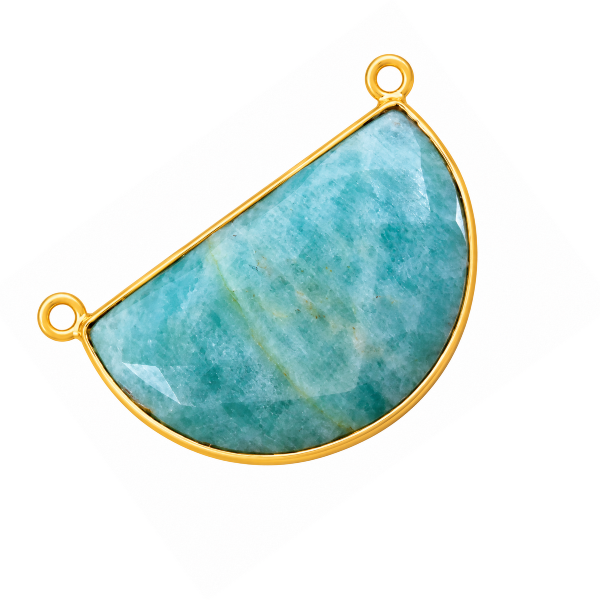 Faceted half-moon amazonite connector with a gold-plated bezel and a loop at each end of its straight edge