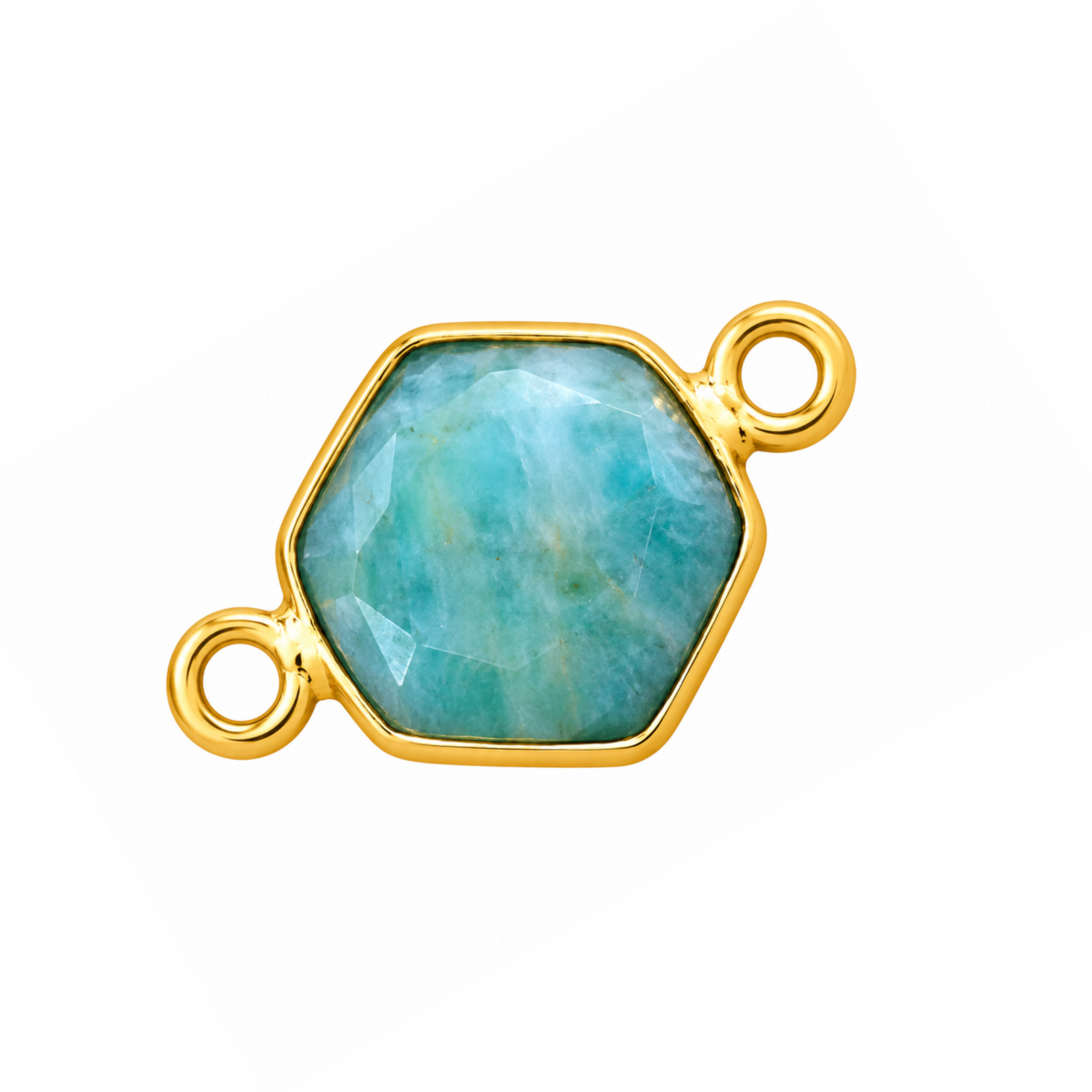 Faceted hexagonal amazonite connector with a gold-plated bezel and two opposite attachment loops.