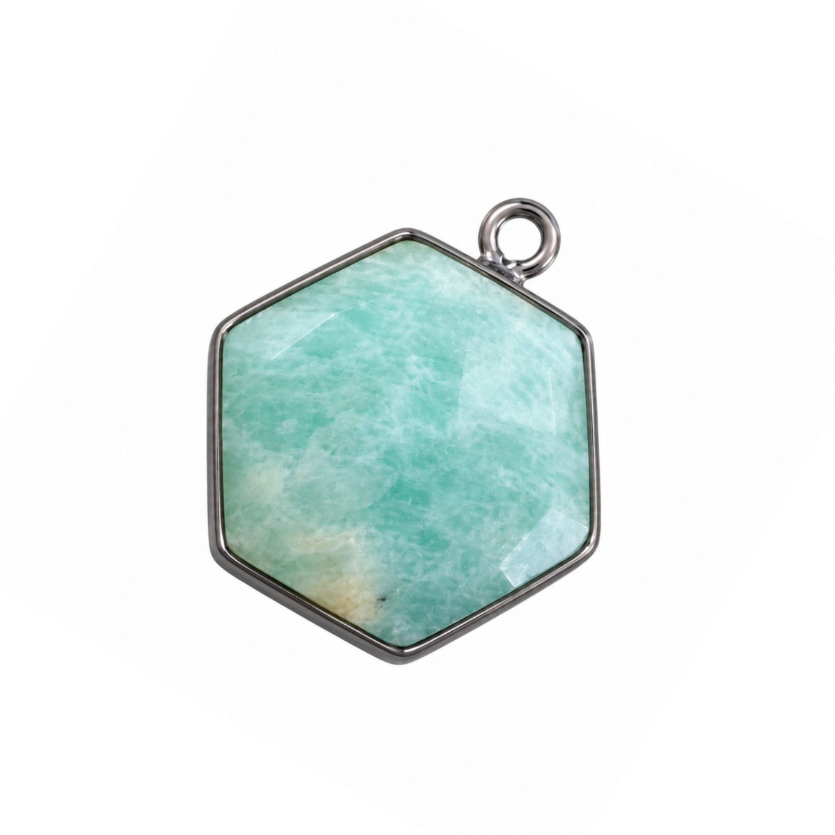 Natural amazonite hexagon pendant, 18 x 18 mm, with a faceted aqua-green stone and gunmetal-plated bezel.
