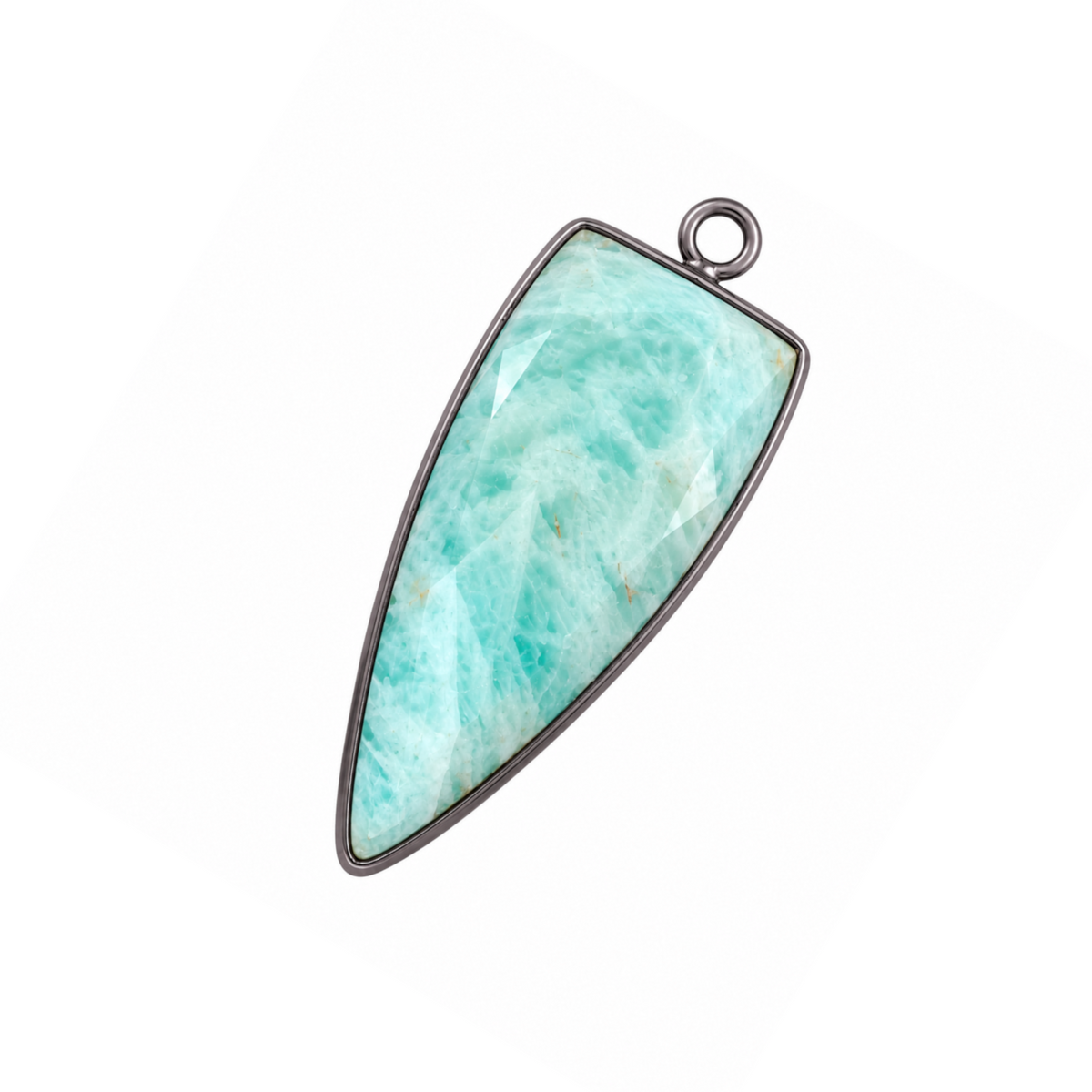 Natural amazonite inverted triangle pendant, 15 x 40 mm, with a long faceted aqua-green stone in a gunmetal-plated bezel.
