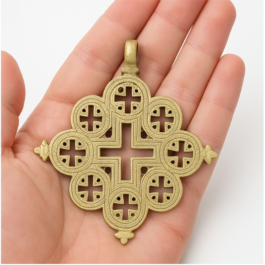 Large Ethiopian Matt finish Gold Cross Pendant | 92mm African Coptic Processional Cross | Handmade Spiritual Jewelry | Religious Wall Art