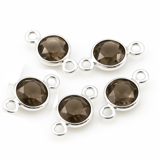 Sterling Silver Smoky Quartz Bezel Connectors – Faceted Gemstone Links with 2 Loops, 4mm Round Coin Cut Charms for Jewelry Making