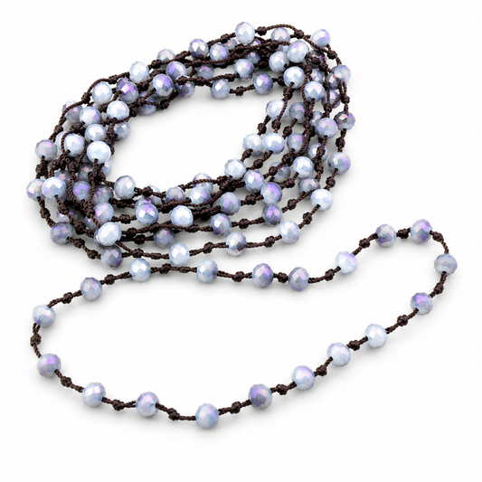Chinese Crystal Beads | 72" Woven Dark Brown Thread Necklace with 6mm Faceted AB Finish Rondelle Shaped Opaque Gray Purple Glass Beads
