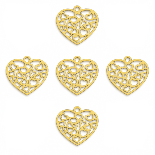 Gold Plated Worded "Love" Patterned Wide Heart Shaped Brushed Finish Copper Components - Measures 35mm x 28mm - Sold in Packs of 10 (423-GD)