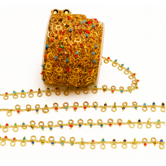 Gold Plated Dangle Chain l Multi-Colored Enamel beads with Gold Jump Rings l Chain for Jewelry Making