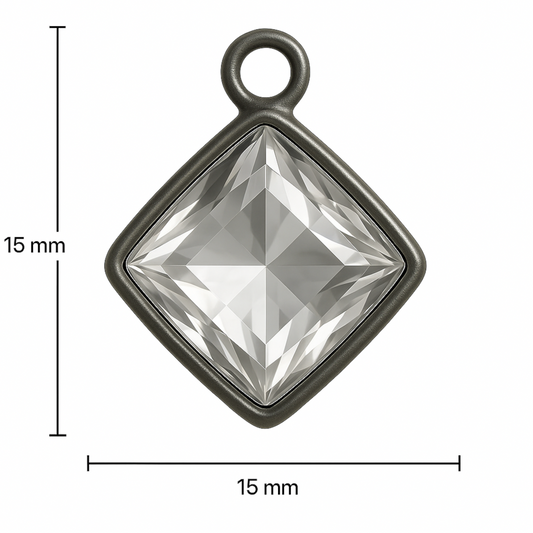 Gunmetal Plated Faceted Clear Hydro (Lab Created) Quartz Diamond Shaped Bezel Pendant - Measuring 15mm x 15mm - Sold Individually