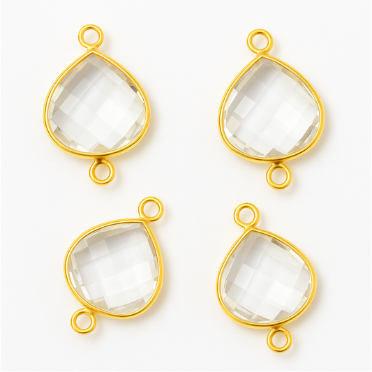 Clear Hydro Quartz Bezel | Gold Plated Faceted (Lab Created) Heart Teardrop Shaped Bezel Connector - Measuring 15mm x 15mm