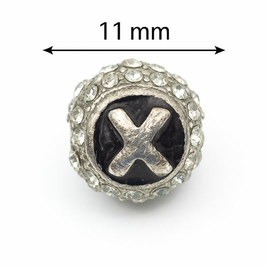 Silver 11mm Letter “X” Bead – Double-Sided Round Ball with Rhinestone Band, Inlaid Design, Jewelry Making Supplies, Sold Individually