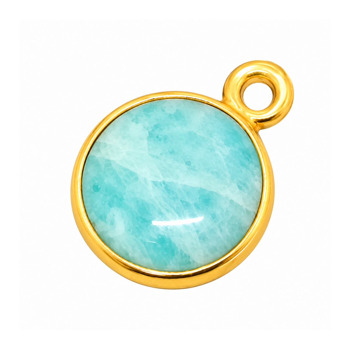 Smooth round amazonite pendant in a gold-plated bezel, shown diagonally with a single attachment loop