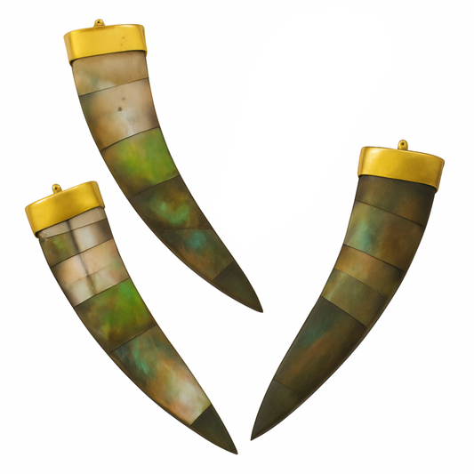 Iridescent Abalone Shell Tusk Pendant | 85mm Flat Horn Claw Shape | Gold Cap Wood Jewelry Component | Tribal Boho Necklace Charm