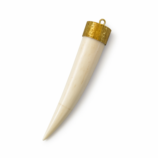 White Bone Tusk Pendant with Gold Floral Cap – 85mm Carved Tooth Shape Pendant for Jewelry Making, Boho Tribal Style – Sold Individually