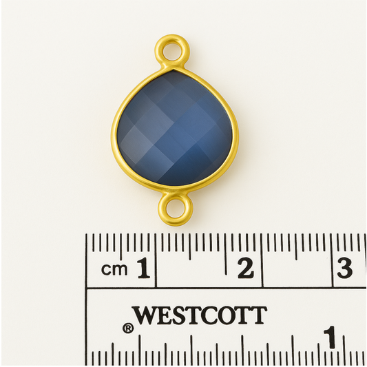 Gold Plated Faceted Synthetic Gray Cat's Eye (Manmade Glass) Heart/Teardrop Shaped Bezel Connector - Measuring 15mm x 15mm - Sold Individual