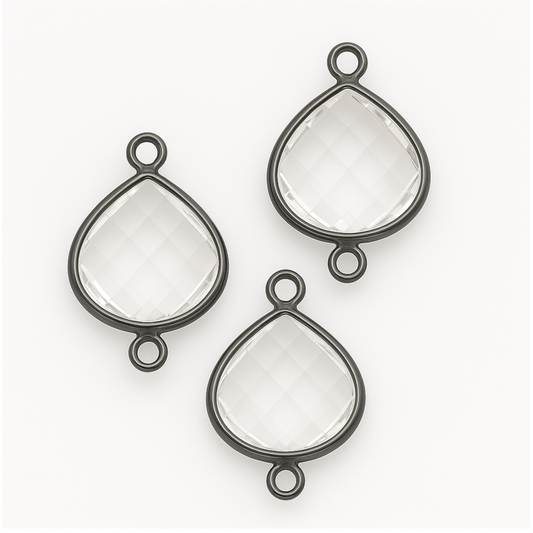 Hydro Quartz Bezel | Gunmetal Plated Faceted Clear (Lab Created) Heart Teardrop Shaped Bezel Connector - Measuring 18mm x 18mm